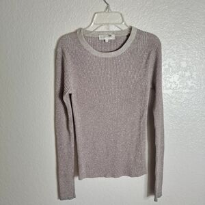 White + Warren Metallic Ribbed Slim Fit Sweater Beige & Silver Sz S